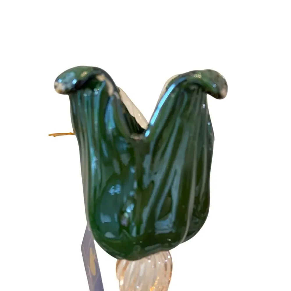 Italian Hand Blown Murano Art Glass Green Tulip Candle Holder Amber Stem 13